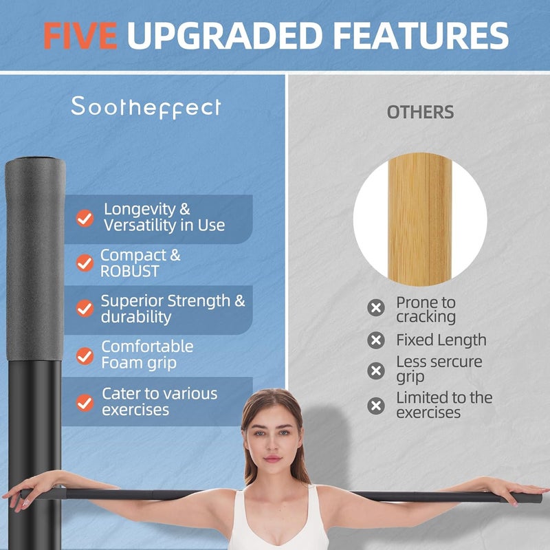 SOOTHEFFECT Adjustable Yoga Stick (30/45/60 in), Fully Foam-Sleeved Steel Stretching & Mobility Stick with Exercise Guide, Portable Fitness & Rehab Tool, Carry Bag Included - Image 2